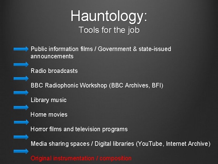Hauntology: Tools for the job Public information films / Government & state-issued announcements Radio Hauntology: Tools for the job Public information films / Government & state-issued announcements Radio
