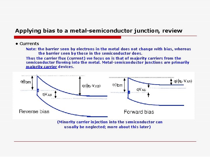 Applying bias to a metal-semiconductor junction, review • Currents Note: the barrier seen by