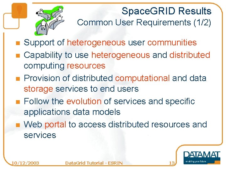 Space. GRID Results Common User Requirements (1/2) n n n Support of heterogeneous user
