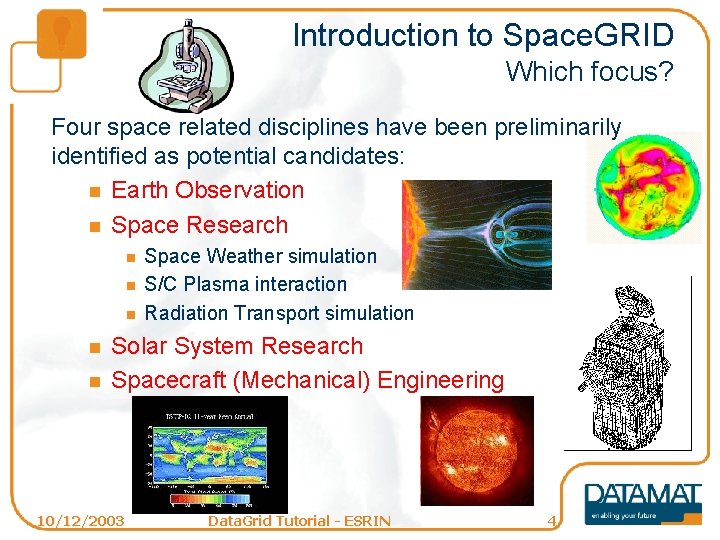 Introduction to Space. GRID Which focus? Four space related disciplines have been preliminarily identified