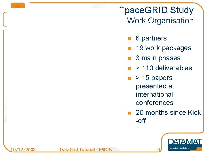 Space. GRID Study The Work Organisation n n n 10/12/2003 Data. Grid Tutorial -