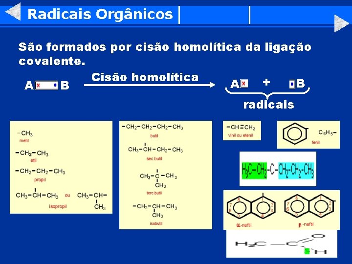 Radicais Orgânicos São formados por cisão homolítica da ligação covalente. Cisão homolítica + B