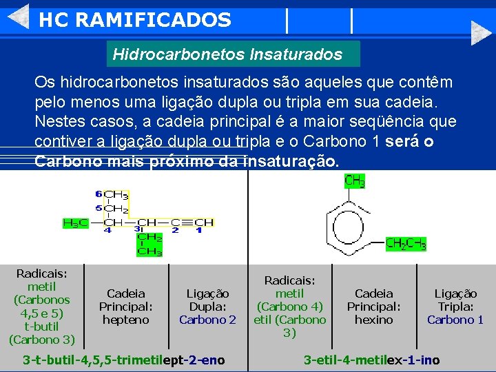 HC RAMIFICADOS Hidrocarbonetos Insaturados Os hidrocarbonetos insaturados são aqueles que contêm pelo menos uma