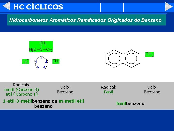 HC CÍCLICOS Hidrocarbonetos Aromáticos Ramificados Originados do Benzeno Radicais: metil (Carbono 3) etil (