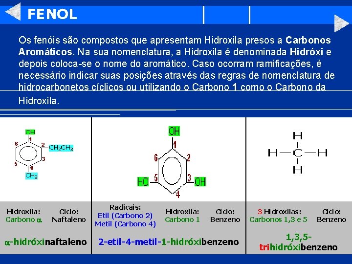 FENOL Os fenóis são compostos que apresentam Hidroxila presos a Carbonos Aromáticos. Na sua