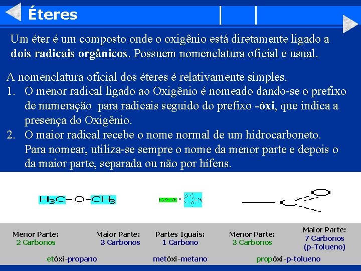 Éteres Um éter é um composto onde o oxigênio está diretamente ligado a dois