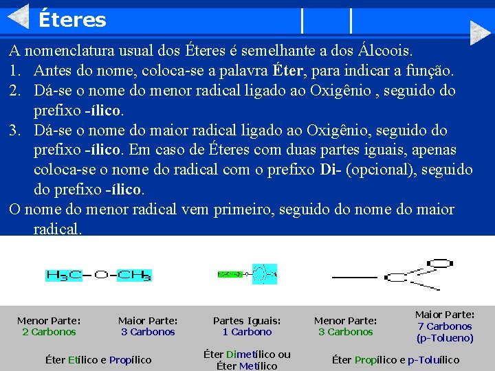 Éteres A nomenclatura usual dos Éteres é semelhante a dos Álcoois. 1. Antes do