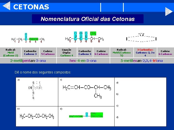 CETONAS Nomenclatura Oficial das Cetonas Radical: Metil (Carbono 2) Carbonila: Carbono 3 Cadeia: 5