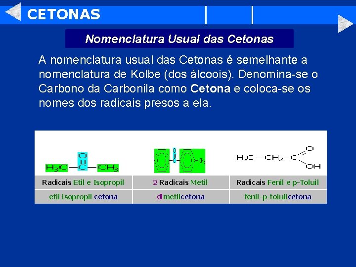 CETONAS Nomenclatura Usual das Cetonas A nomenclatura usual das Cetonas é semelhante a nomenclatura