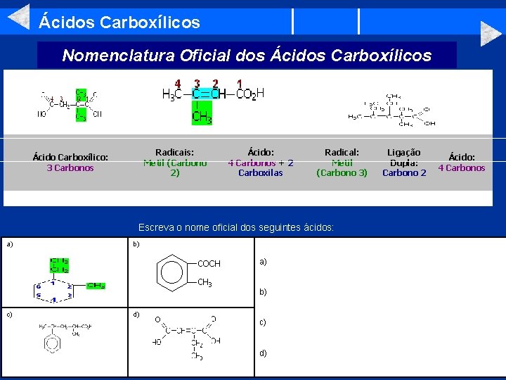 Ácidos Carboxílicos Nomenclatura Oficial dos Ácidos Carboxílicos Radicais: Metil (Carbono 2) Ácido Carboxílico: 3