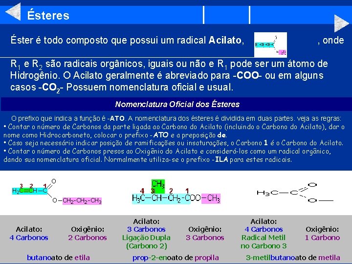 Ésteres Éster é todo composto que possui um radical Acilato, , onde R 1