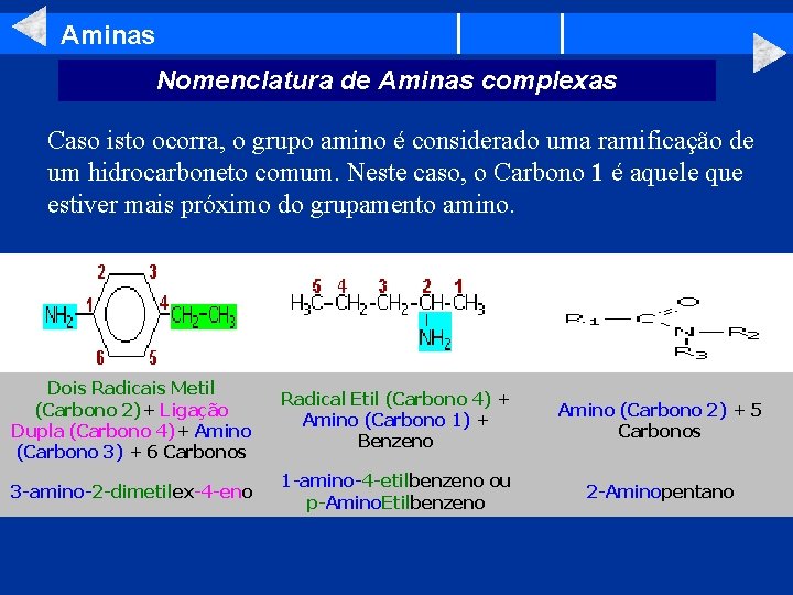 Aminas Nomenclatura de Aminas complexas Caso isto ocorra, o grupo amino é considerado uma