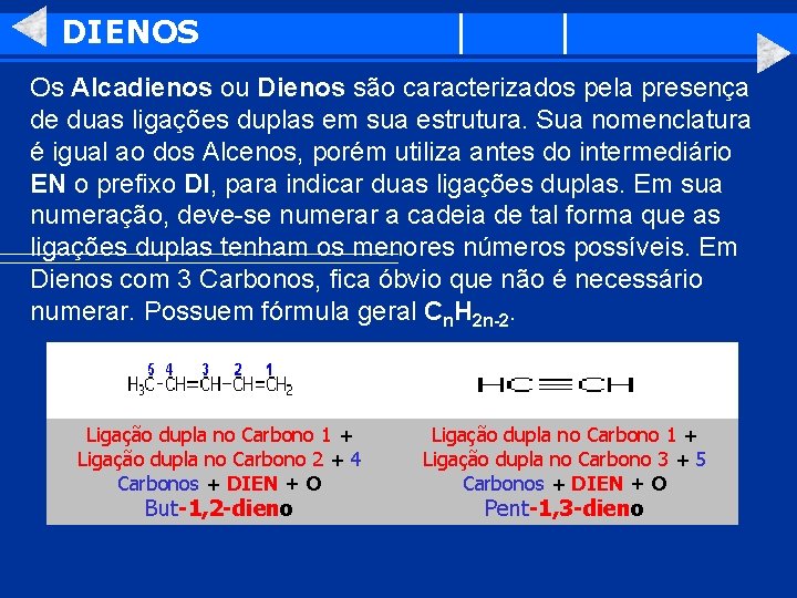 DIENOS Os Alcadienos ou Dienos são caracterizados pela presença de duas ligações duplas em