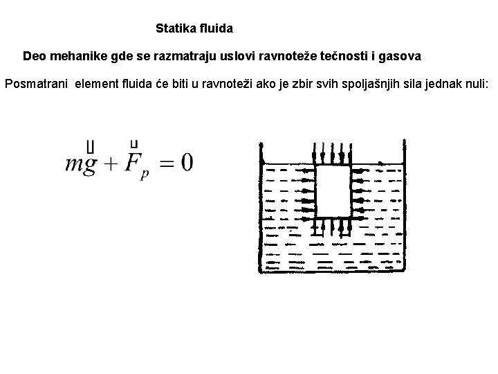 Statika fluida Deo mehanike gde se razmatraju uslovi ravnoteže tečnosti i gasova Posmatrani element