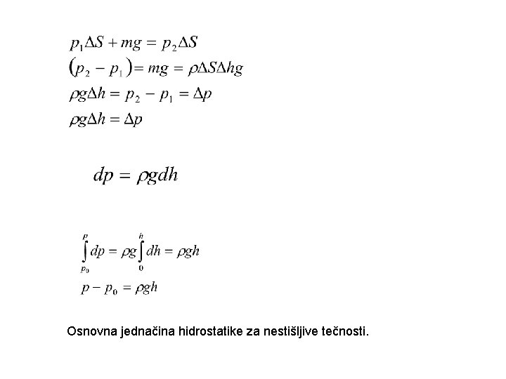 Osnovna jednačina hidrostatike za nestišljive tečnosti. 