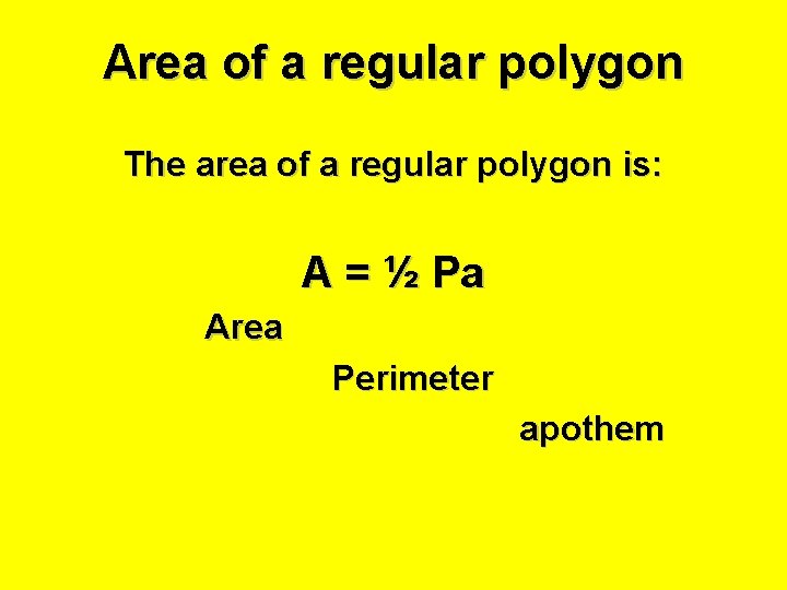 Area of a regular polygon The area of a regular polygon is: A =