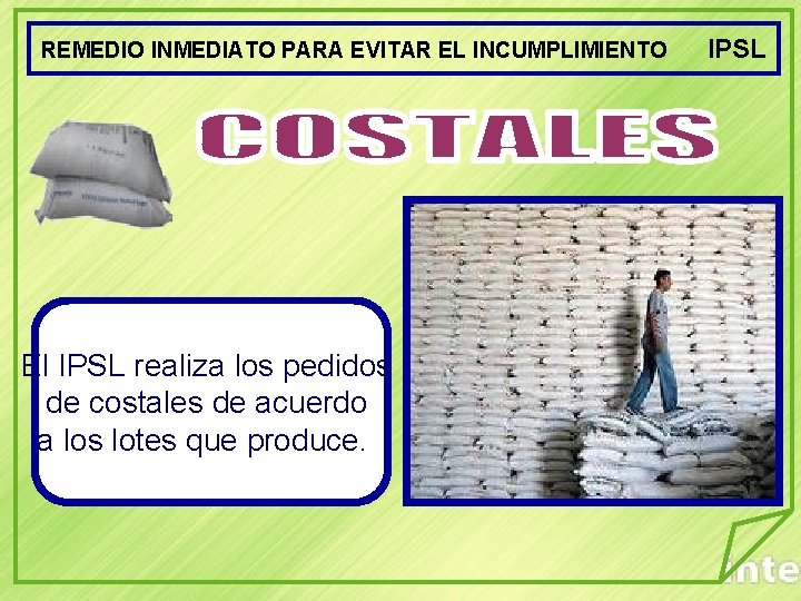 REMEDIO INMEDIATO PARA EVITAR EL INCUMPLIMIENTO El IPSL realiza los pedidos de costales de