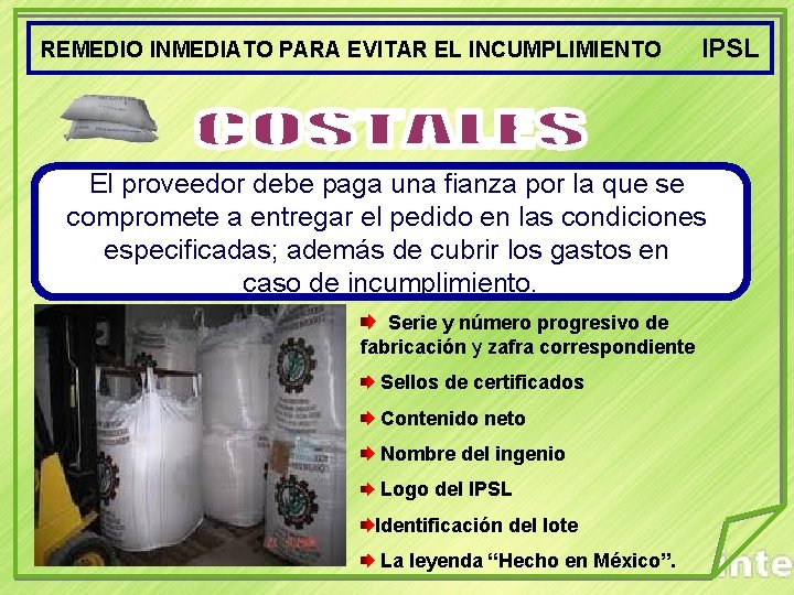 REMEDIO INMEDIATO PARA EVITAR EL INCUMPLIMIENTO IPSL El proveedor debe paga una fianza por