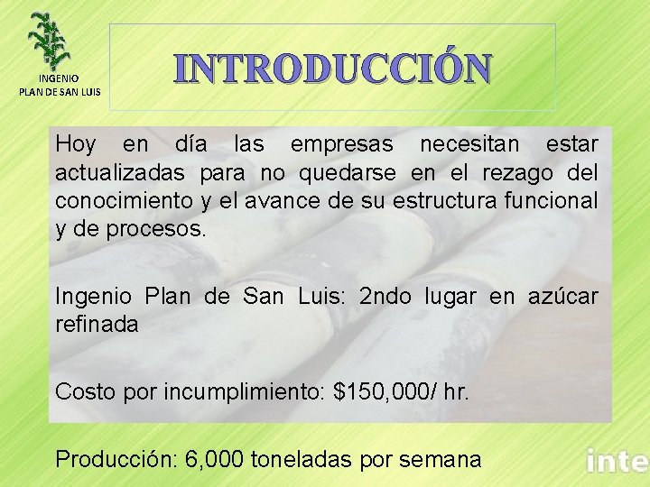 INGENIO PLAN DE SAN LUIS INTRODUCCIÓN Hoy en día las empresas necesitan estar actualizadas