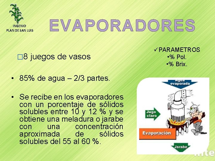 INGENIO PLAN DE SAN LUIS � 8 EVAPORADORES juegos de vasos • 85% de