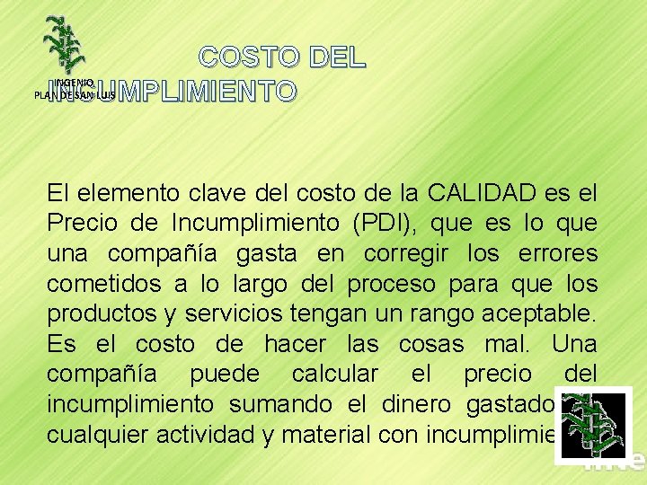 COSTO DEL INCUMPLIMIENTO INGENIO PLAN DE SAN LUIS El elemento clave del costo de