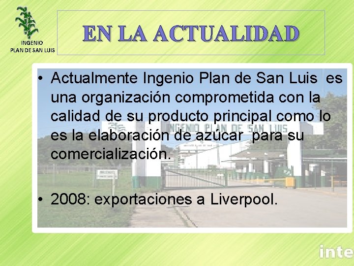 INGENIO PLAN DE SAN LUIS EN LA ACTUALIDAD • Actualmente Ingenio Plan de San
