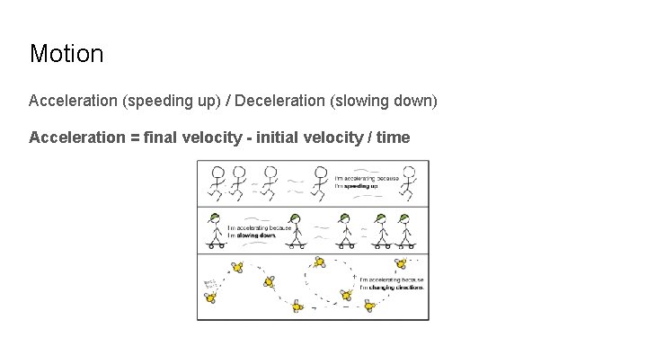 Motion Acceleration (speeding up) / Deceleration (slowing down) Acceleration = final velocity - initial Motion Acceleration (speeding up) / Deceleration (slowing down) Acceleration = final velocity - initial