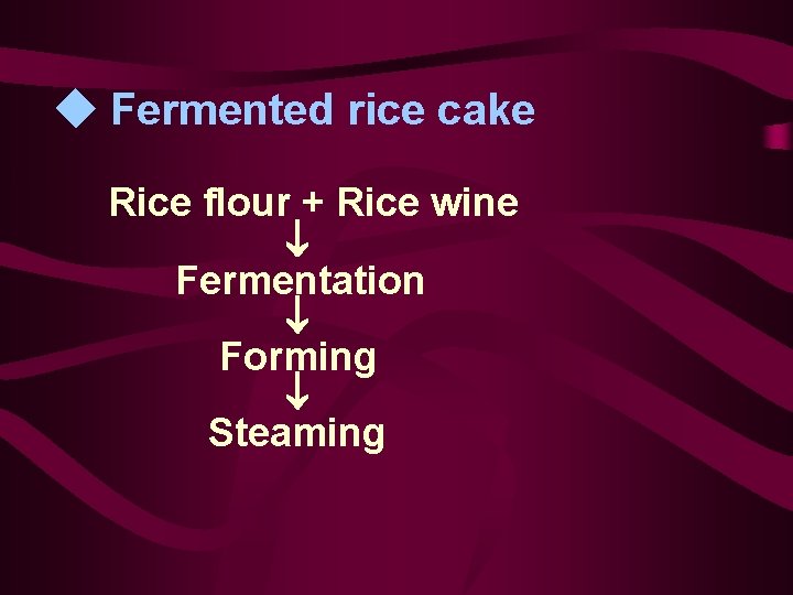  Fermented rice cake Rice flour + Rice wine Fermentation Forming Steaming 