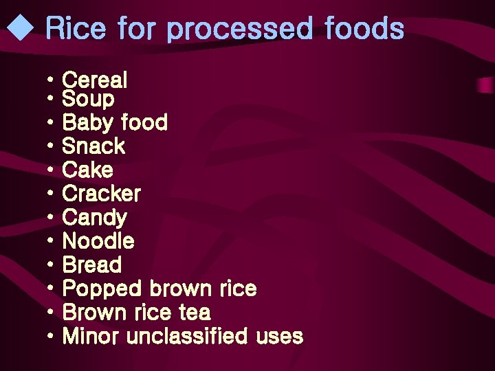  Rice for processed foods • • • Cereal Soup Baby food Snack Cake