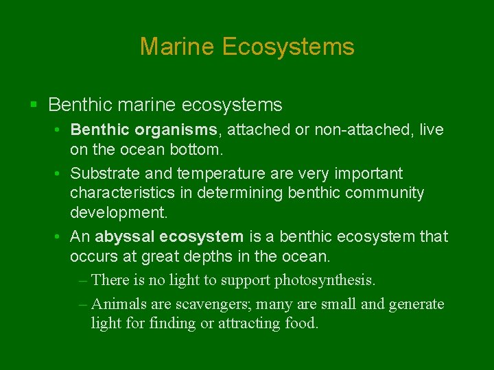 Marine Ecosystems § Benthic marine ecosystems • Benthic organisms, attached or non-attached, live on Marine Ecosystems § Benthic marine ecosystems • Benthic organisms, attached or non-attached, live on
