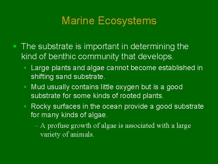 Marine Ecosystems § The substrate is important in determining the kind of benthic community Marine Ecosystems § The substrate is important in determining the kind of benthic community