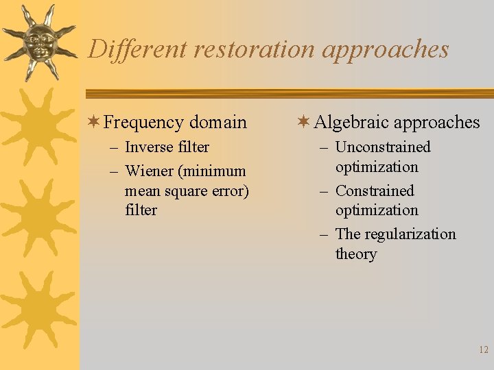 Different restoration approaches ¬ Frequency domain – Inverse filter – Wiener (minimum mean square