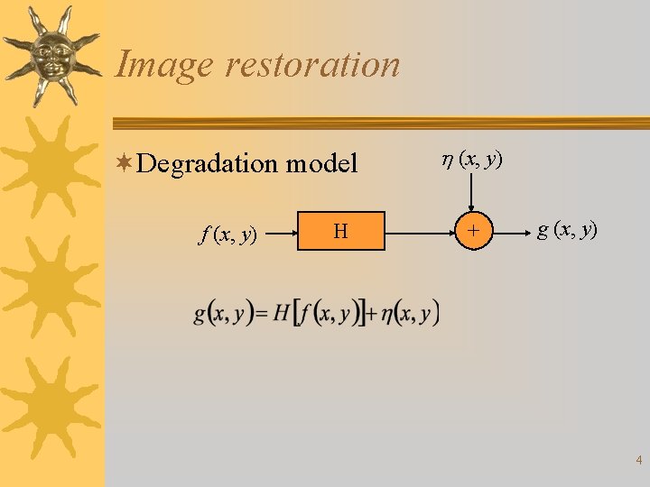 Image restoration ¬Degradation model f (x, y) H h (x, y) + g (x,