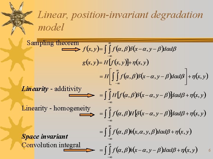 Linear, position-invariant degradation model Sampling theorem Linearity - additivity Linearity - homogeneity Space invariant