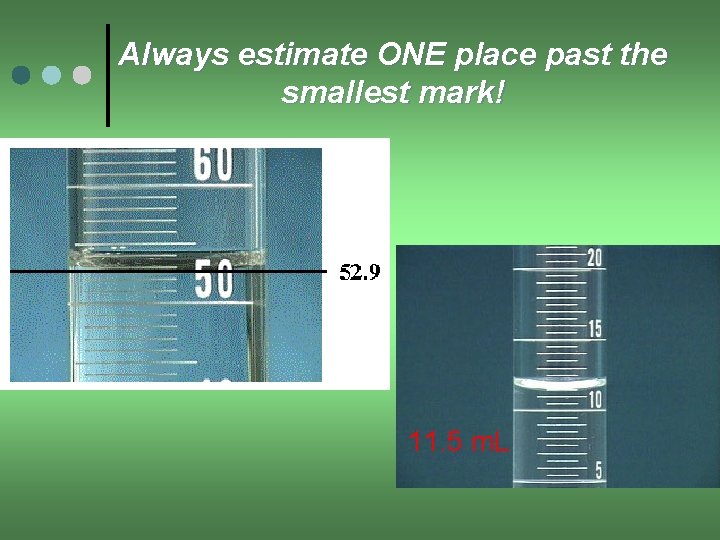 Always estimate ONE place past the smallest mark! 11. 5 m. L 
