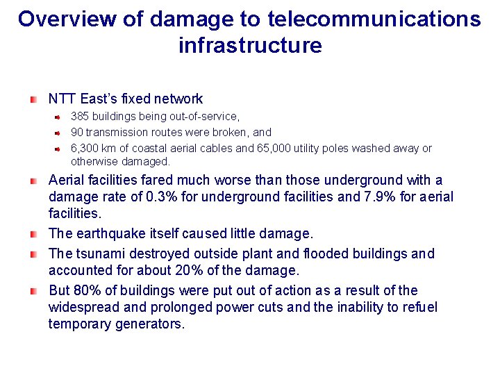 Overview of damage to telecommunications infrastructure NTT East’s fixed network 385 buildings being out-of-service,