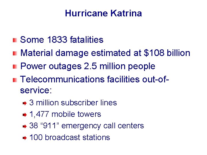 Hurricane Katrina Some 1833 fatalities Material damage estimated at $108 billion Power outages 2.