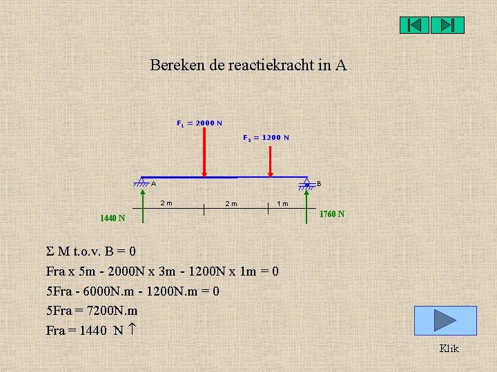 Bereken de reactiekracht in A F 1 = 2000 N F 2 = 1200