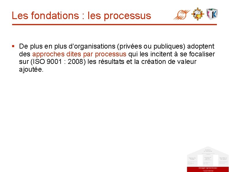 Les fondations : les processus § De plus en plus d’organisations (privées ou publiques)