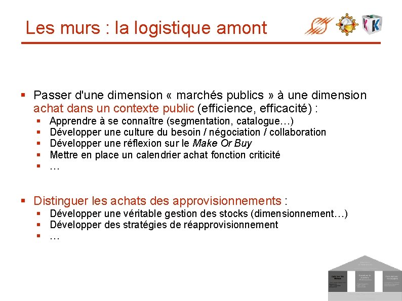 Les murs : la logistique amont § Passer d'une dimension « marchés publics »