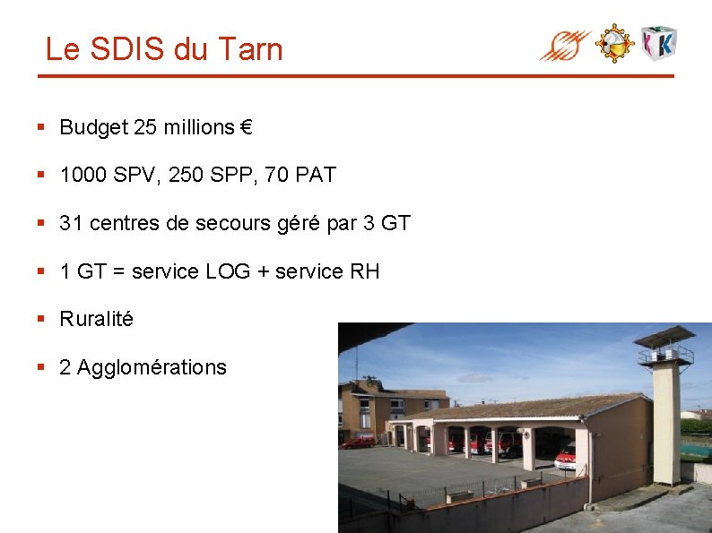 Le SDIS du Tarn § Budget 25 millions € § 1000 SPV, 250 SPP,