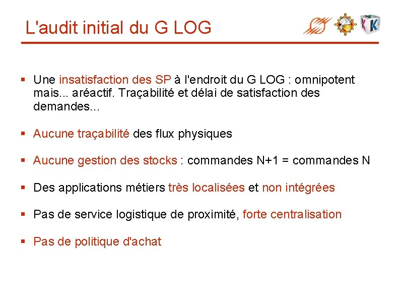 L'audit initial du G LOG § Une insatisfaction des SP à l'endroit du G