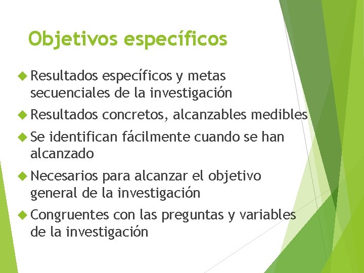 Objetivos específicos Resultados específicos y metas secuenciales de la investigación Resultados concretos, alcanzables medibles