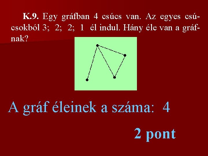 K. 9. Egy gráfban 4 csúcs van. Az egyes csúcsokból 3; 2; 1 él