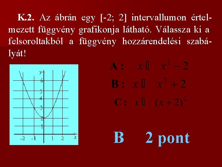 K. 2. Az ábrán egy [-2; 2] intervallumon értelmezett függvény grafikonja látható. Válassza ki