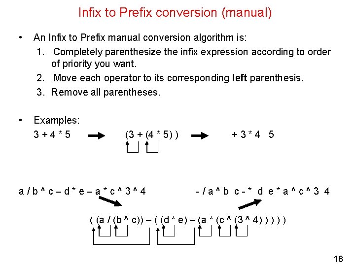 Infix to Prefix conversion (manual) • An Infix to Prefix manual conversion algorithm is: