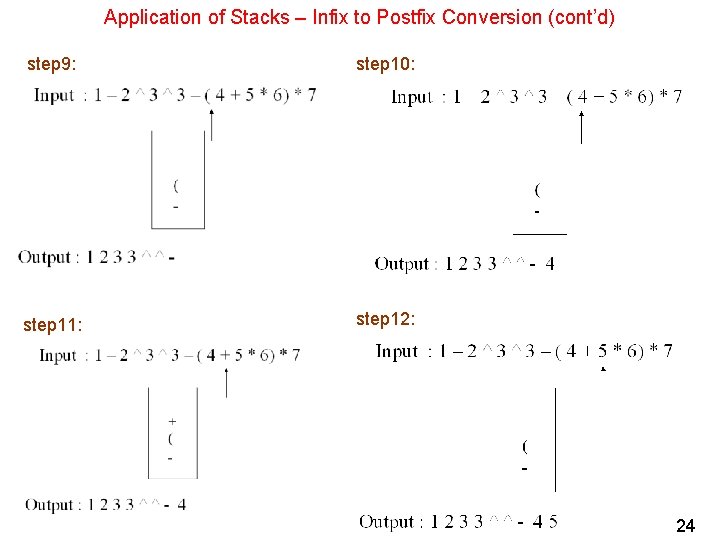 Application of Stacks – Infix to Postfix Conversion (cont’d) step 9: step 10: step
