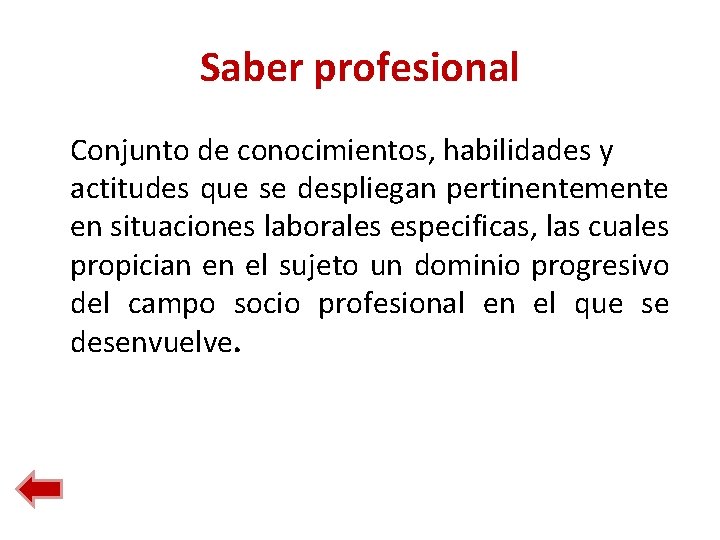 Saber profesional Conjunto de conocimientos, habilidades y actitudes que se despliegan pertinentemente en situaciones Saber profesional Conjunto de conocimientos, habilidades y actitudes que se despliegan pertinentemente en situaciones