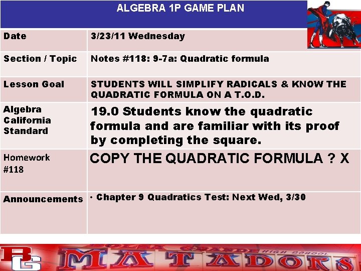 ALGEBRA 1 P GAME PLAN Date 3/23/11 Wednesday Section / Topic Notes #118: 9