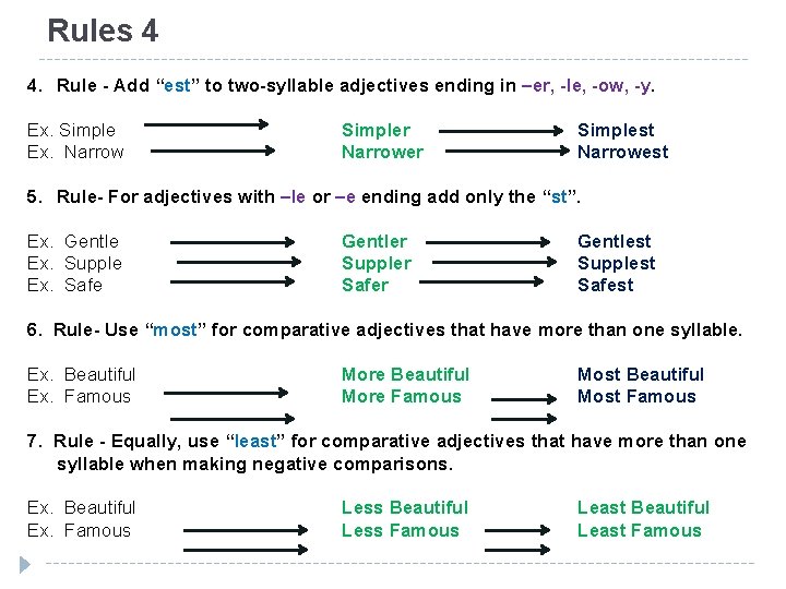 Rules 4 4. Rule - Add “est” to two-syllable adjectives ending in –er, -le,